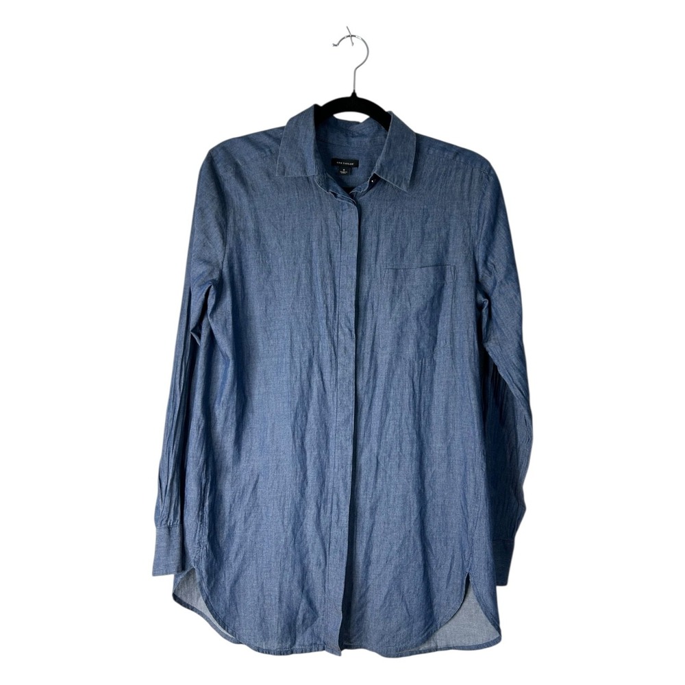 Ann Taylor Blue Denim Cotton Chambray Top Size S Long Sleeve Button Up Shirt